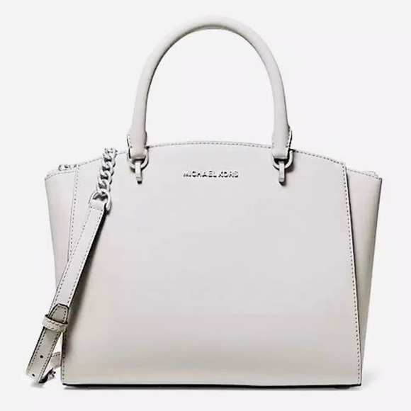 NWT Michael Kors Ellis Large Saffiano Leather Chainlink Satchel Bag Optic White - Picture 1 of 12